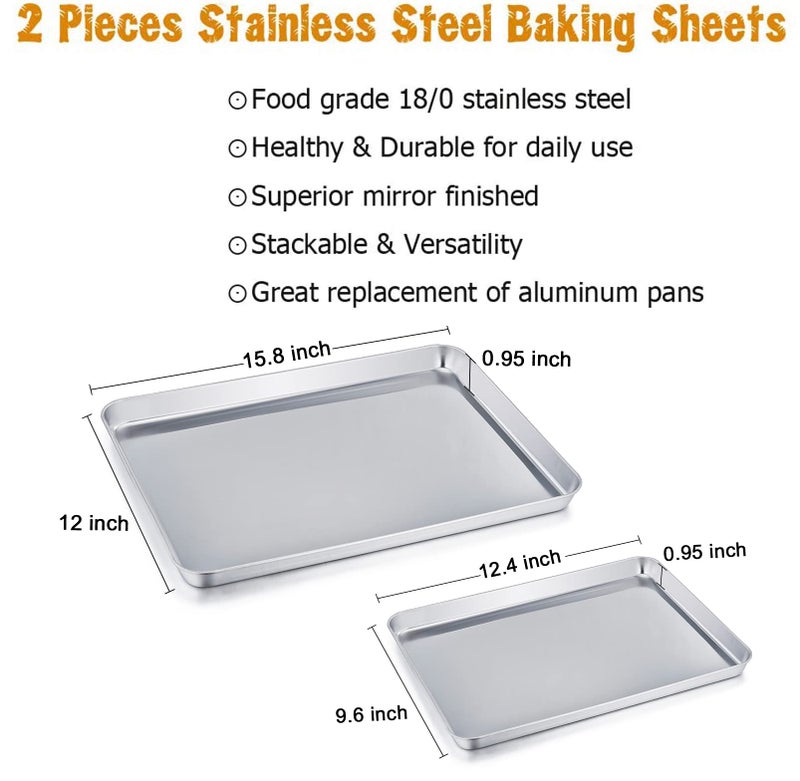 TeamFar Baking Sheet Cookie Sheet Set of 2, Pure Stainless Steel Baking Pan Tray Professional, Non Toxic & Healthy, Mirror Finish & Rust Free, Easy Clean & Dishwasher Safe - Image 2